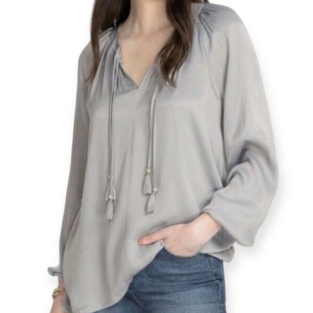 JOHNNY WAS CALME Peasant Top Tassel Tie Neck Satin Neutral Boho Grey Boho M READ